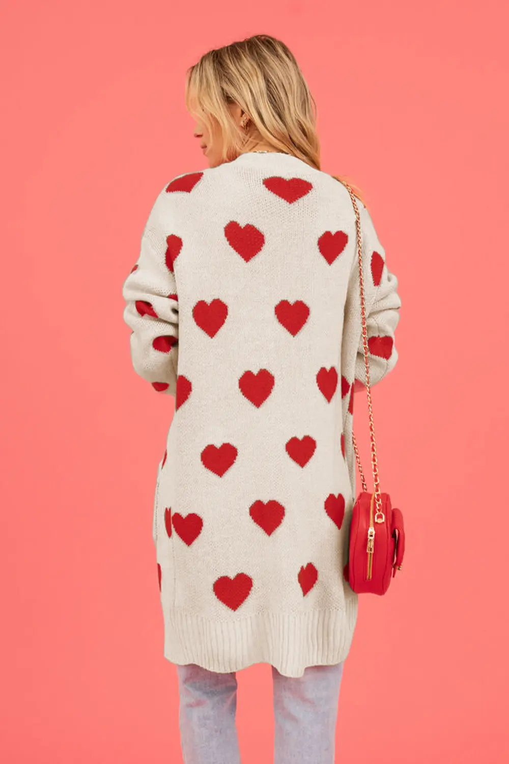 Heart Graphic Open Front Cardigan with Pockets in Cream for Women