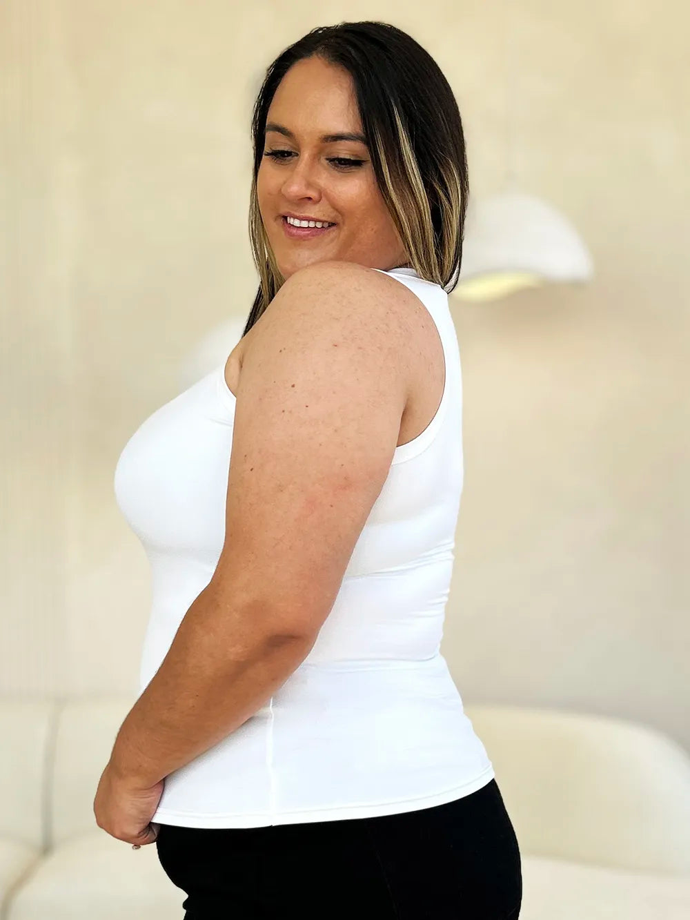 Plus Size Round Neck Slim Tank in Classic in White for Women