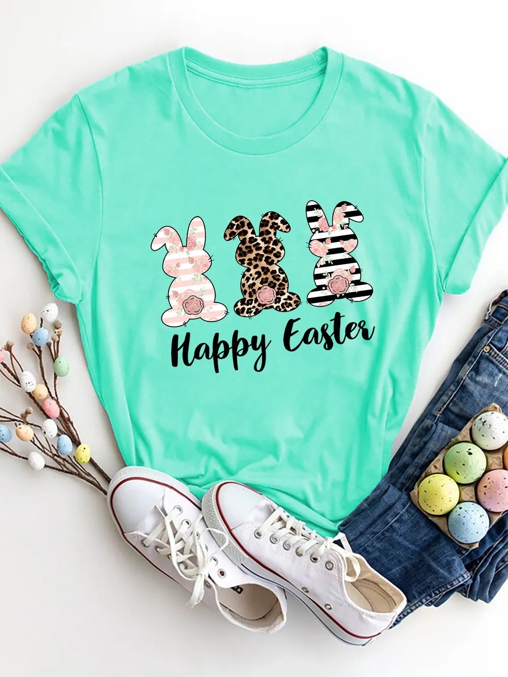 Happy Easter Round Neck Short Sleeve T-Shirt in Blush Pink for Women