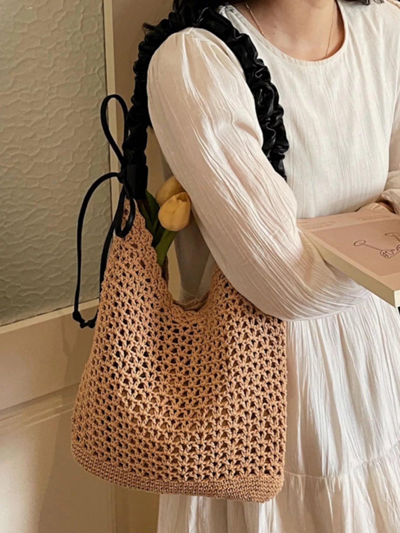 Crochet Shoulder Bag with Ruched Handle for Women
