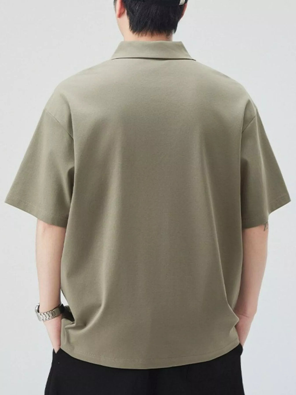 Plus Size Button Detail Short Sleeve Polo in Khaki Green for Men