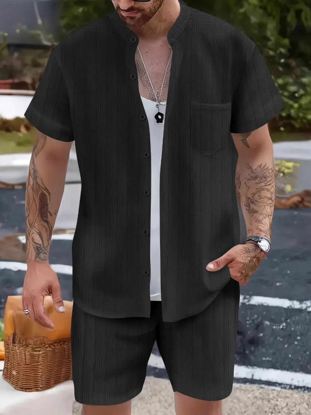 Button Up Short Sleeve Shirt and Shorts Set in Classic in White for Men
