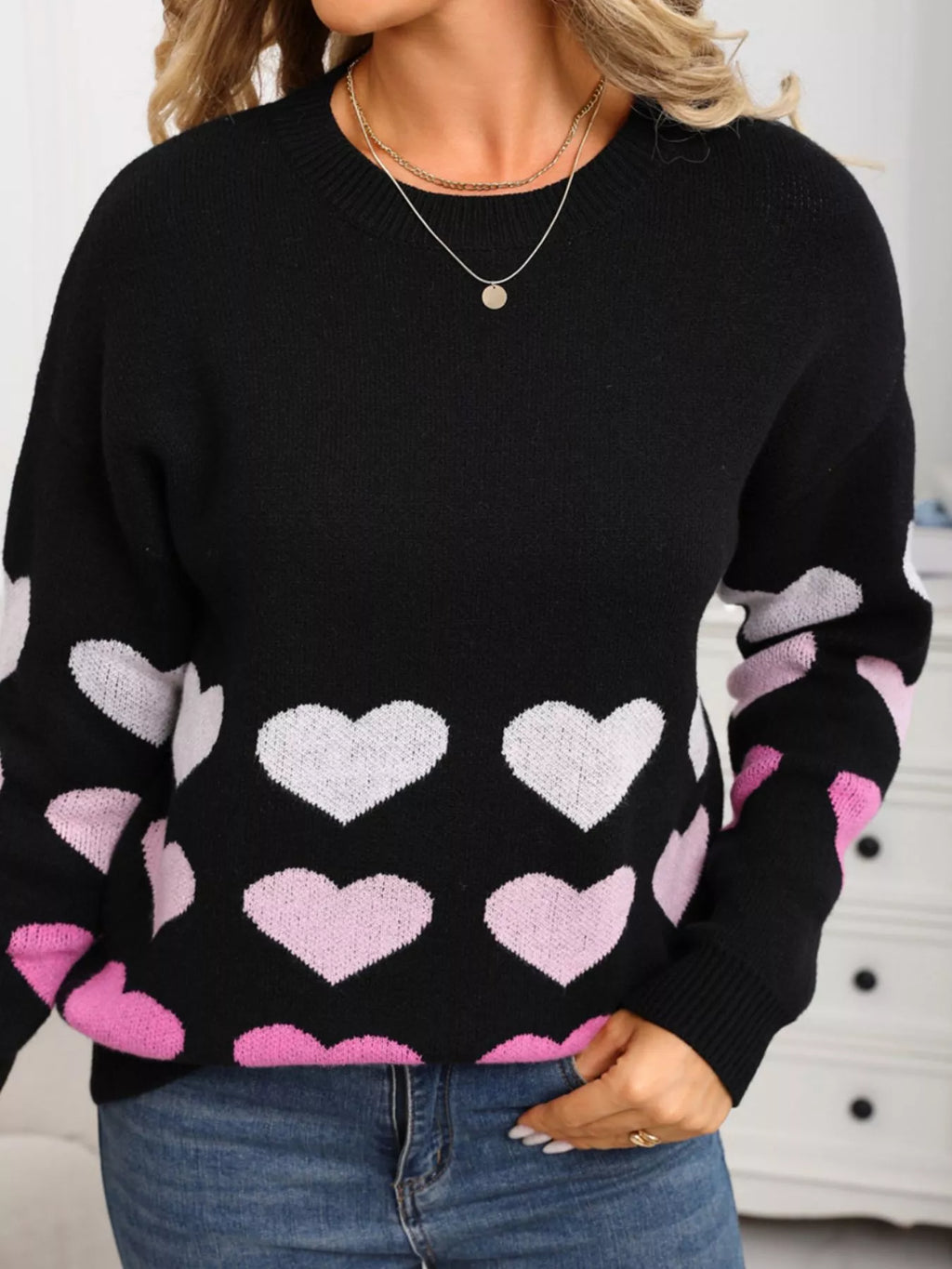 Valentines Day Heart Pattern Crew Neck Sweater for Women