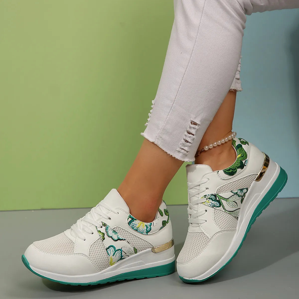 Floral Mesh Wedge Athletic in Green for Women
