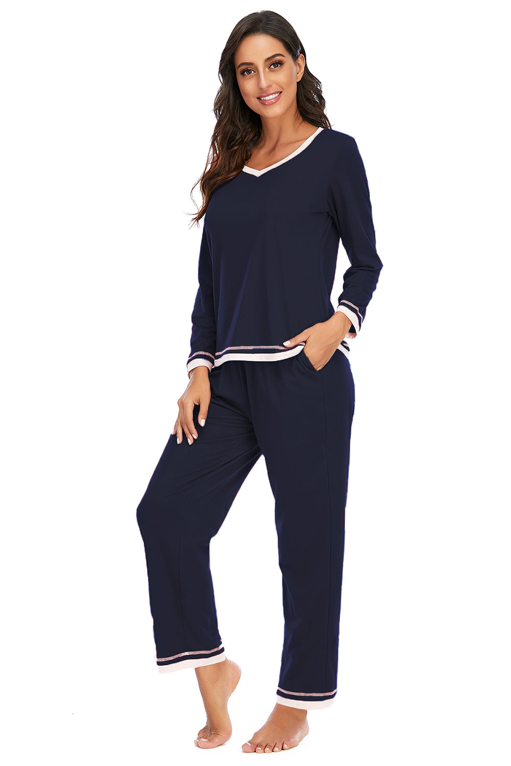 V-Neck Top and Pants Lounge Set in Wine for Women