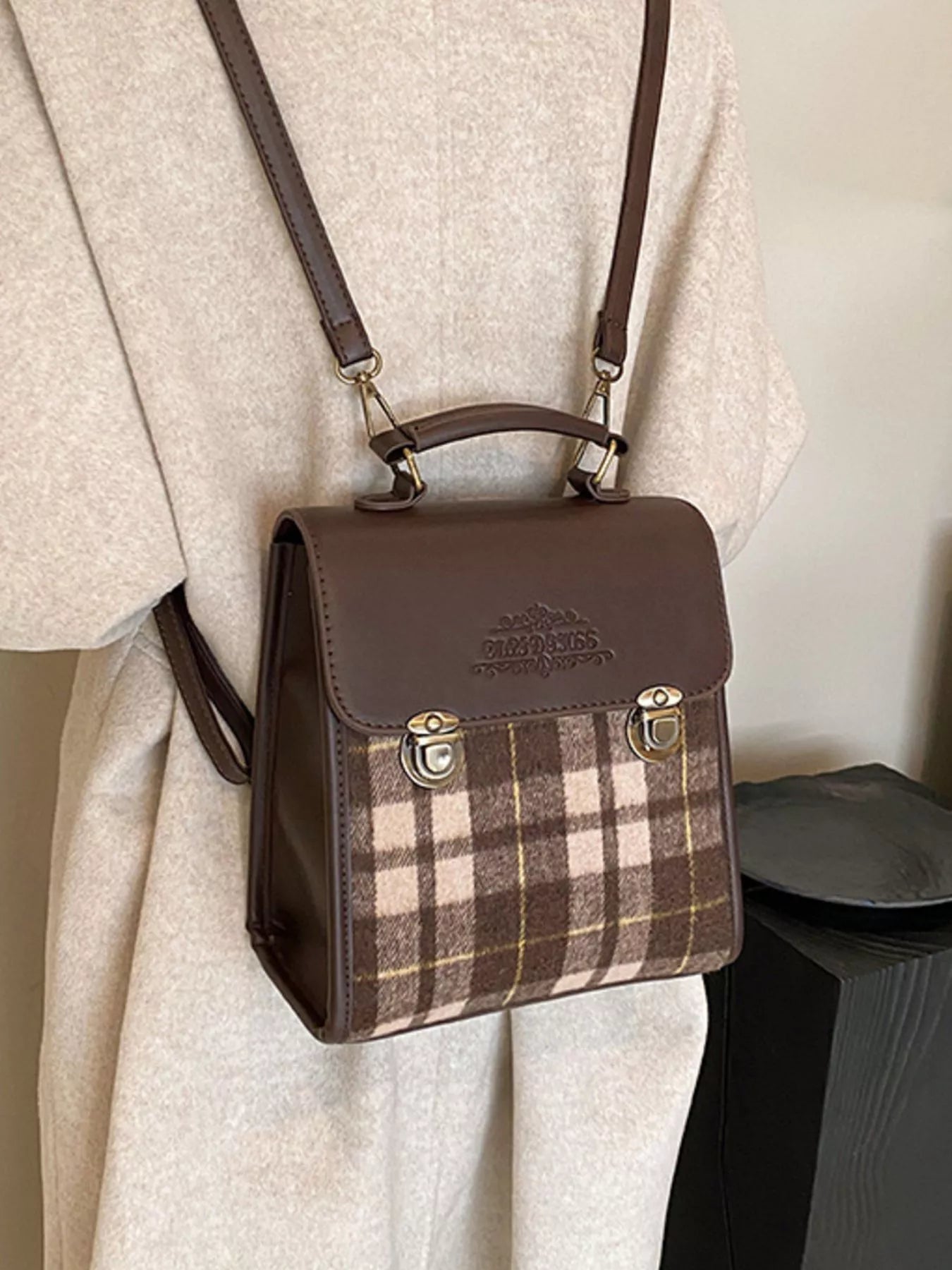 Vintage Plaid Flap Backpack Bag for Women