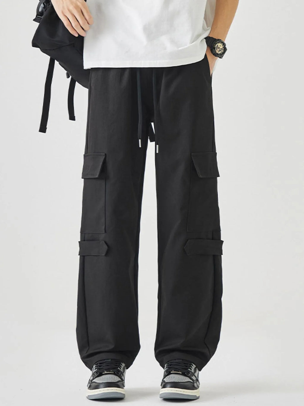 Plus Size Multi-Pocket Cargo Utility Pants with Drawstring Waist in Black for Men