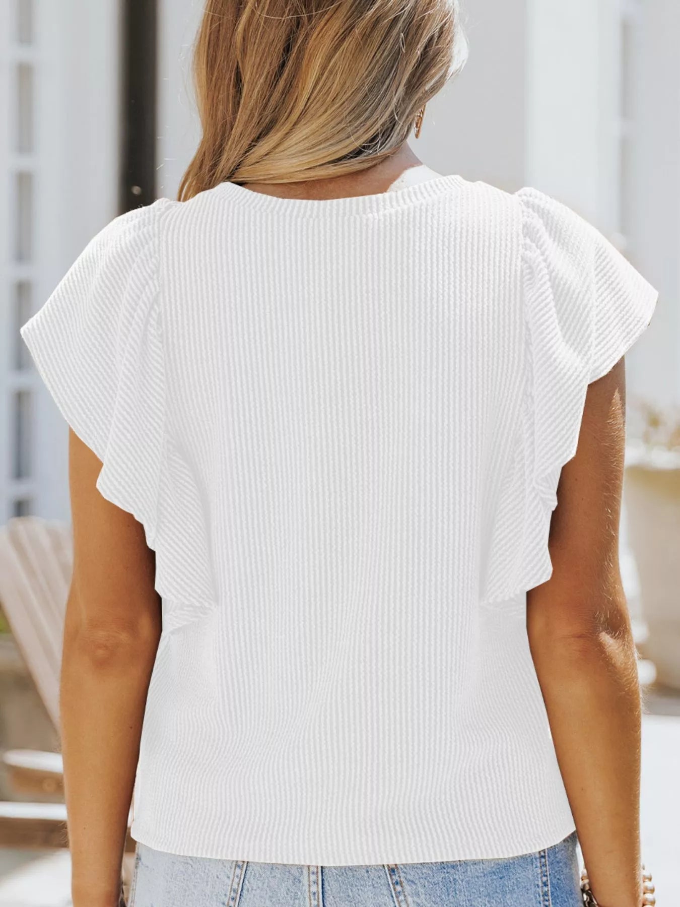 Ruffled Sleeve Ribbed Knit T-Shirt Plus Size in White for Women