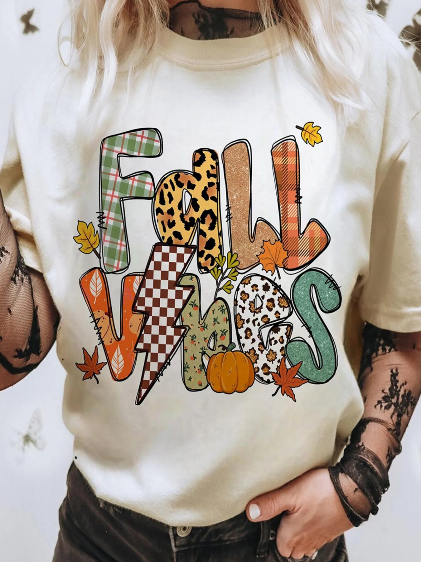 Fall Vibes Cotton Blend Casual T-Shirt in White for Women