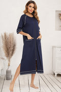 Zip Up Slit Round Neck Night Dress with Pockets in Dark Navy for Women