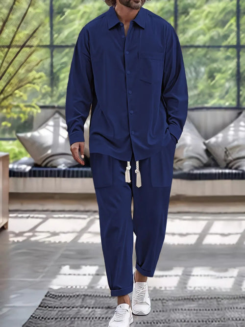 Button Down Long Sleeve Shirt and Pants Set in Light Blue for Men