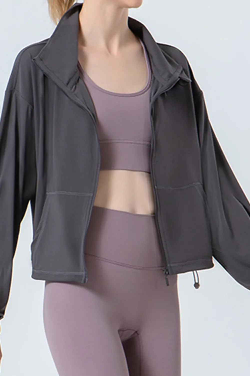 Drawstring Zip Up Dropped Shoulder Active Outerwear in Black for Women