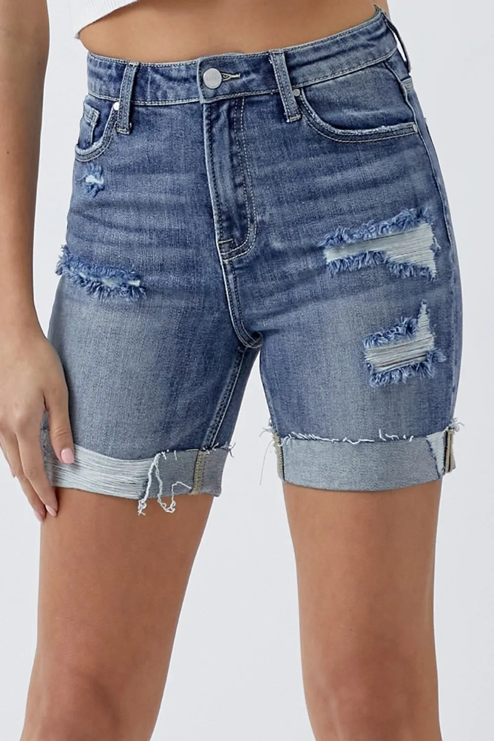 Plus Size Distressed Rolled Denim Shorts with Pockets in Medium for Women