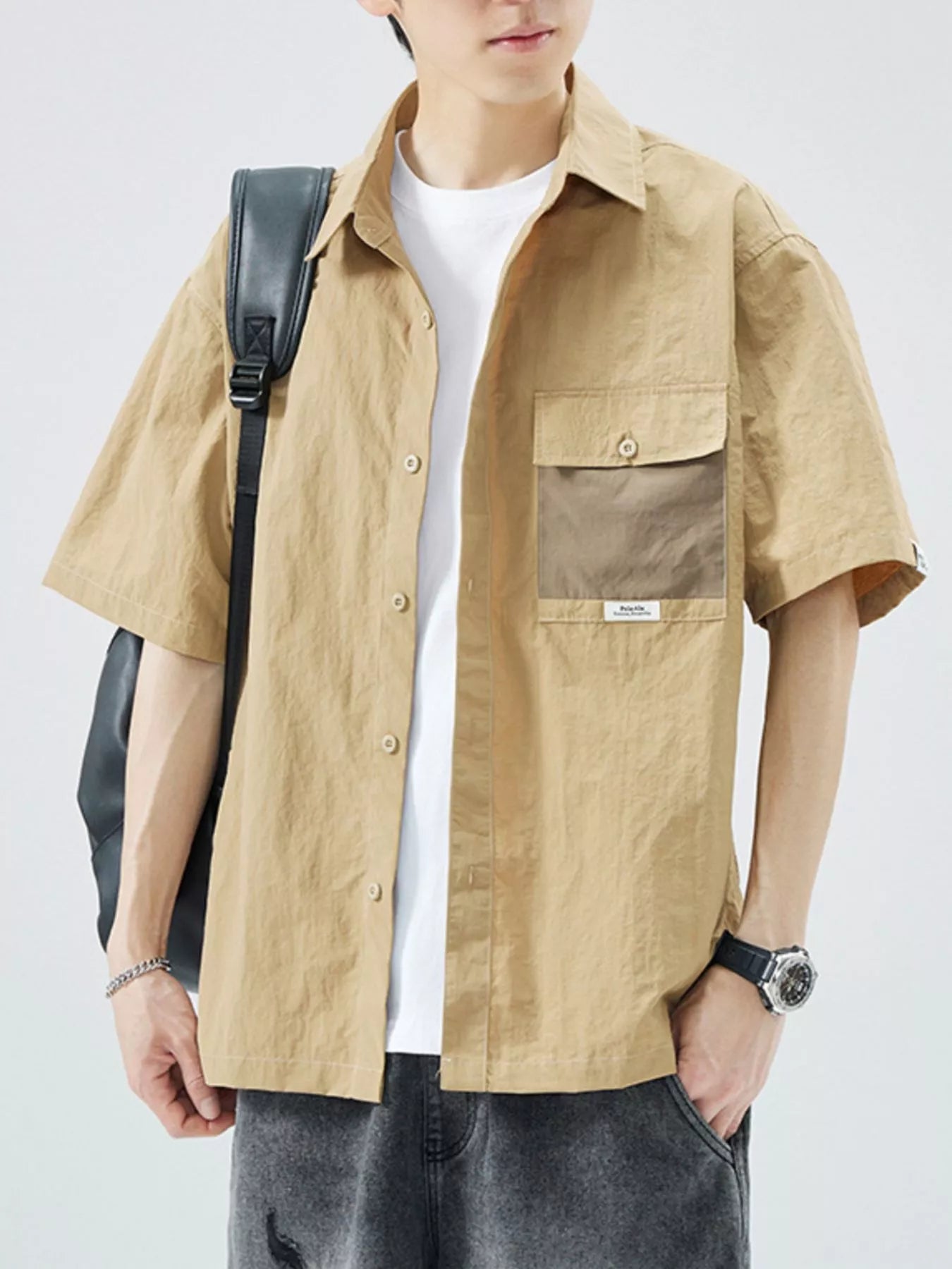 Plus Size Button Up Short Sleeve Shirt in Camel for Men