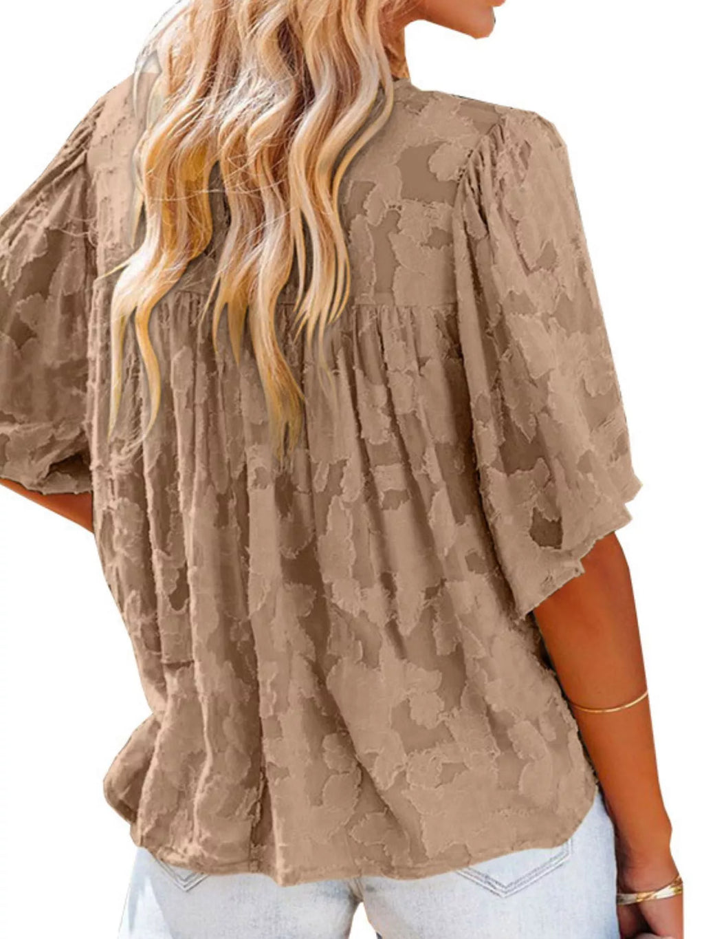 Textured V-Neck Button-Down Shirt Plus Size in Brown for Women