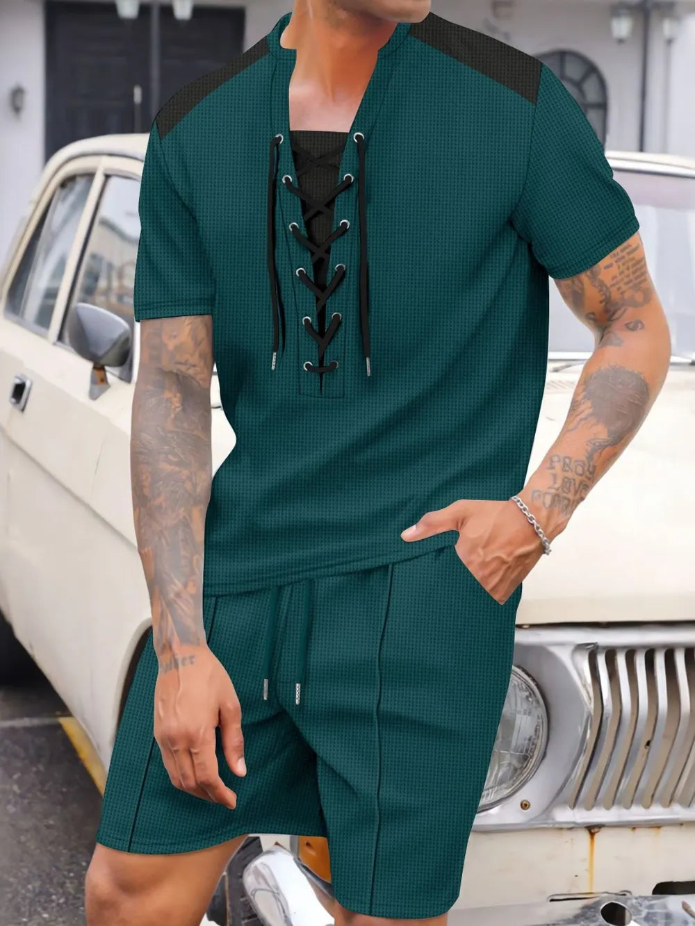 Lace-Up Waffle Knit Top and Shorts Set Plus Size in Black for Men