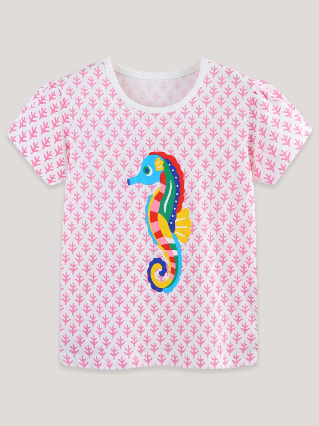 Seahorse Print Short Sleeve T-Shirt in Blush Pink for Girls