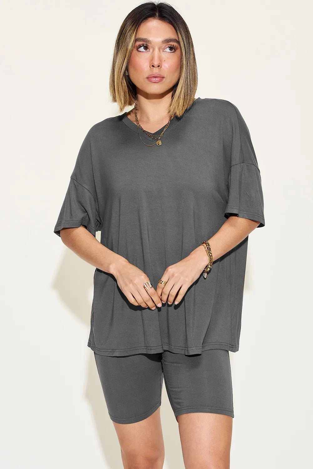 Plus Size V-Neck Drop Shoulder T-Shirt and Shorts Set in Dark Gray for Women