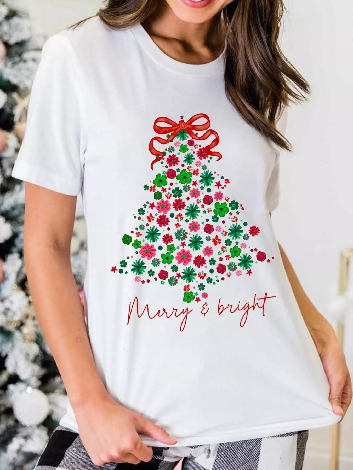 Merry & Floral Christmas Tree Graphic T-Shirt in White for Women