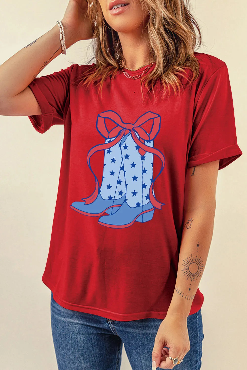 Boot Graphic Round Neck Short Sleeve T-Shirt in Deep Red for Women