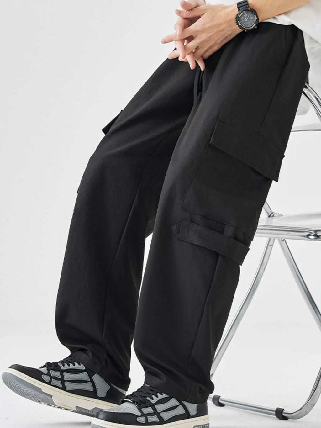 Plus Size Multi-Pocket Cargo Utility Pants with Drawstring Waist in Black for Men