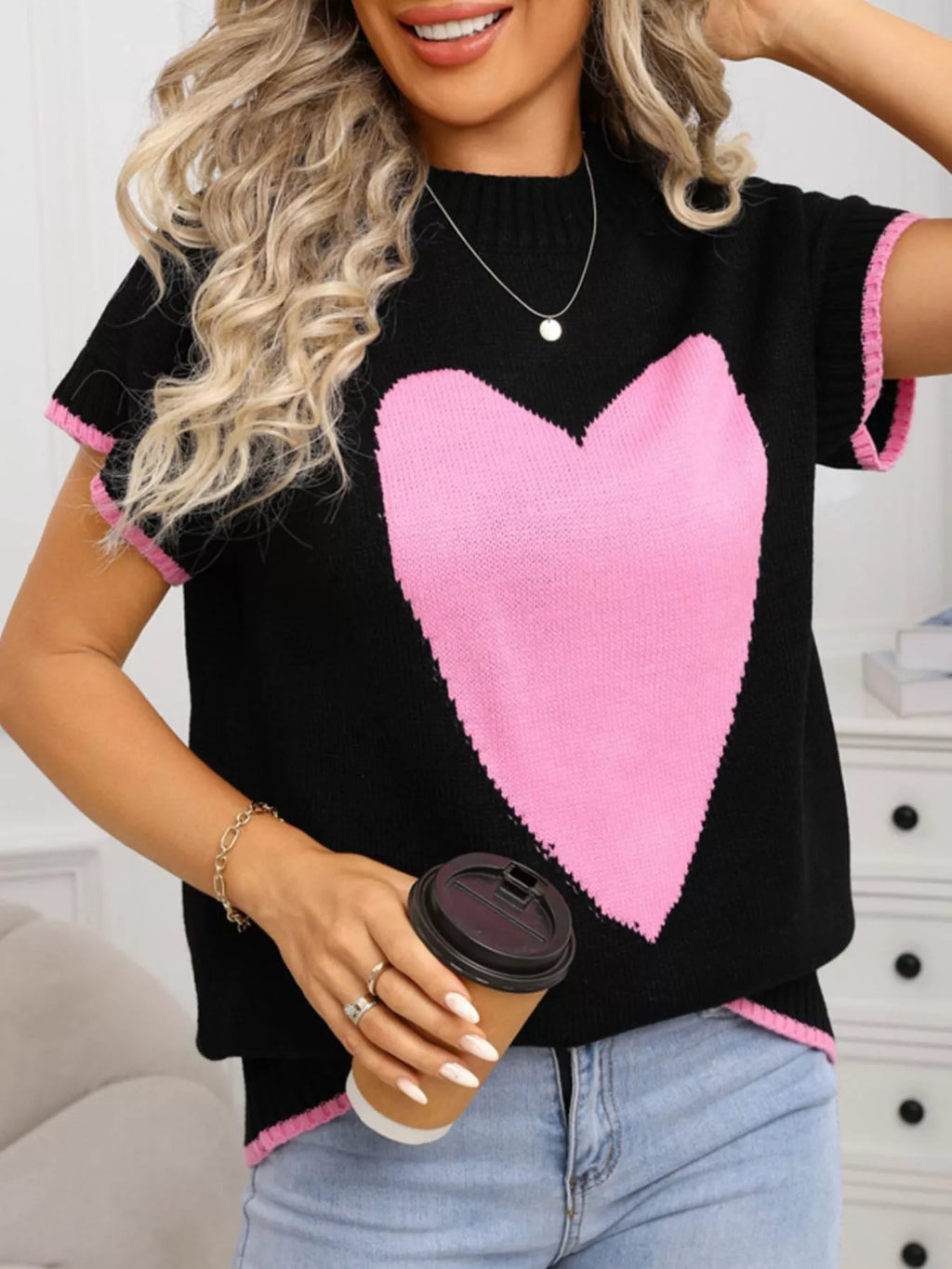 Valentines Day Heart Graphic Short Sleeve Sweater in Black for Women