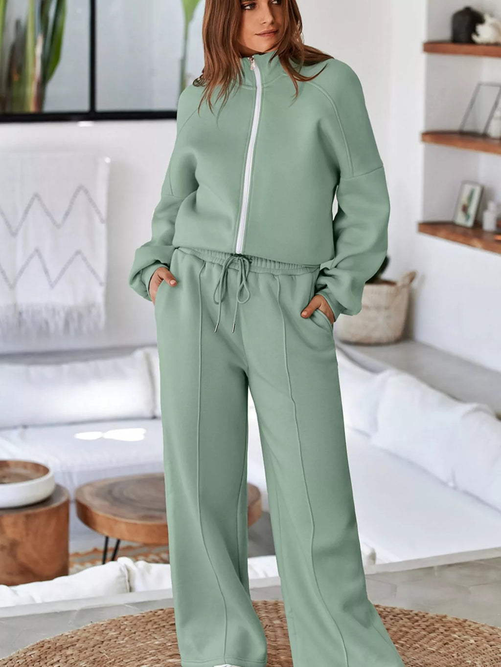 Drop Shoulder Zip Up Jacket and Drawstring Pants Active 2pcs Set for Women