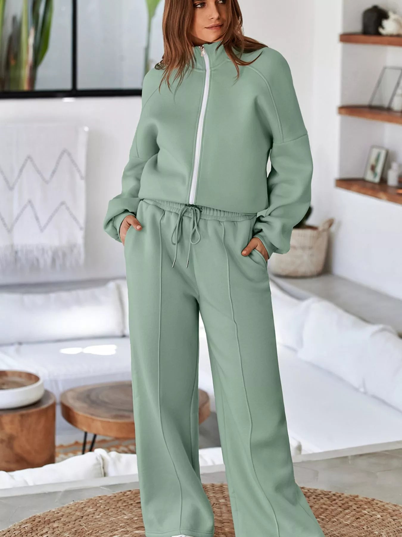 Drop Shoulder Zip Up Jacket and Drawstring Pants Active 2pcs Set for Women