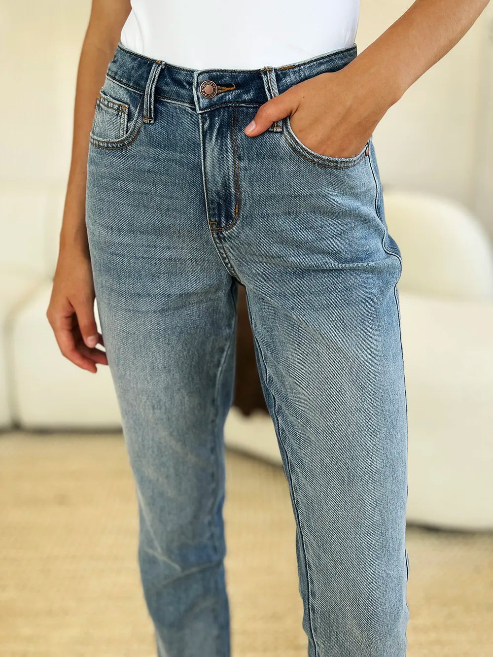 Plus Size Mid Rise Rigid Magic Release Hem Jeans in Medium for Women