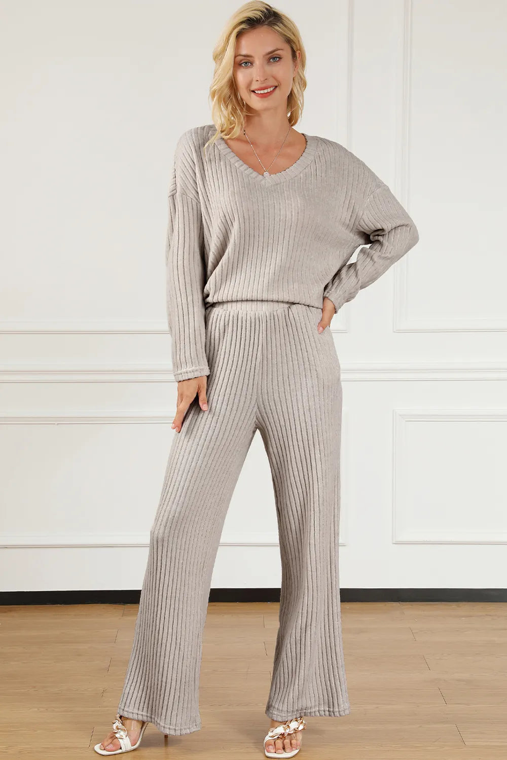 Ribbed V-Neck Top and Pants Lounge Set in Light Gray for Women