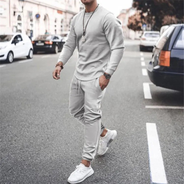 Round Neck Long Sleeve Top and Pants Set Plus Size in Black in Mocha for Men