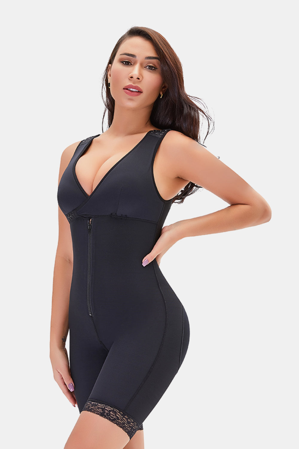 Plus Size Lace Trim Shapewear with Zipper in Apricot for Women