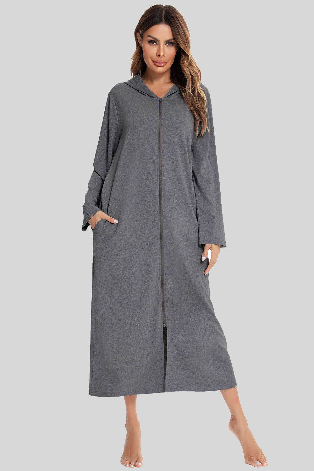Zip Front Hooded Night Dress with Pockets in Light Gray in Black for Women
