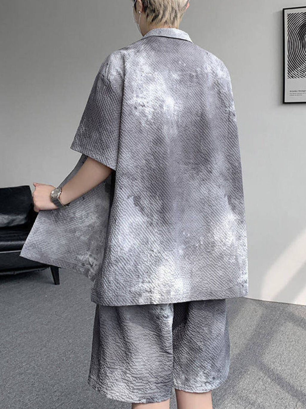 Plus Size Tie-Dye Print Shirt and Shorts Set in Gum Leaf for Men