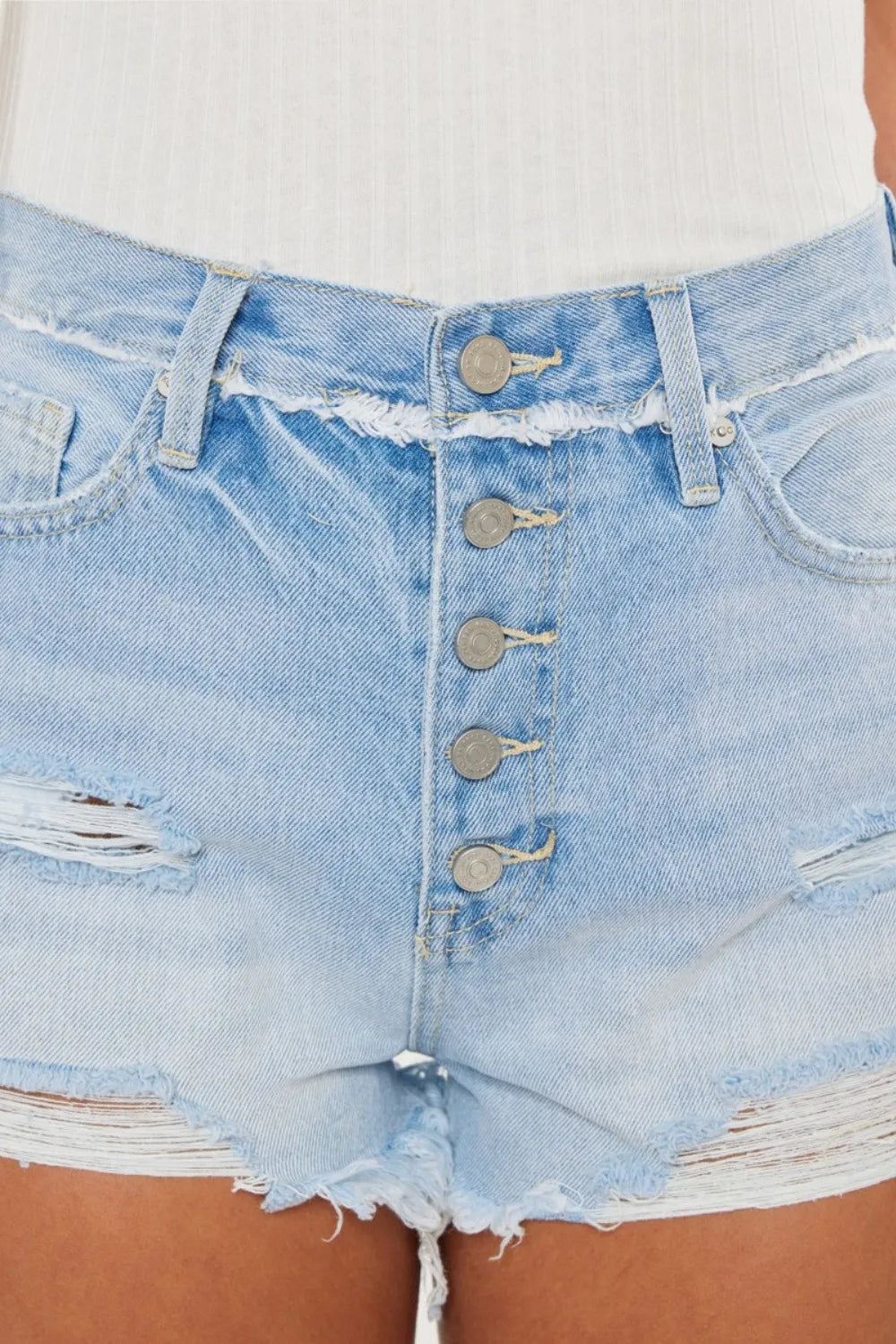 Distressed Button Fly Denim Shorts in Medium for Women