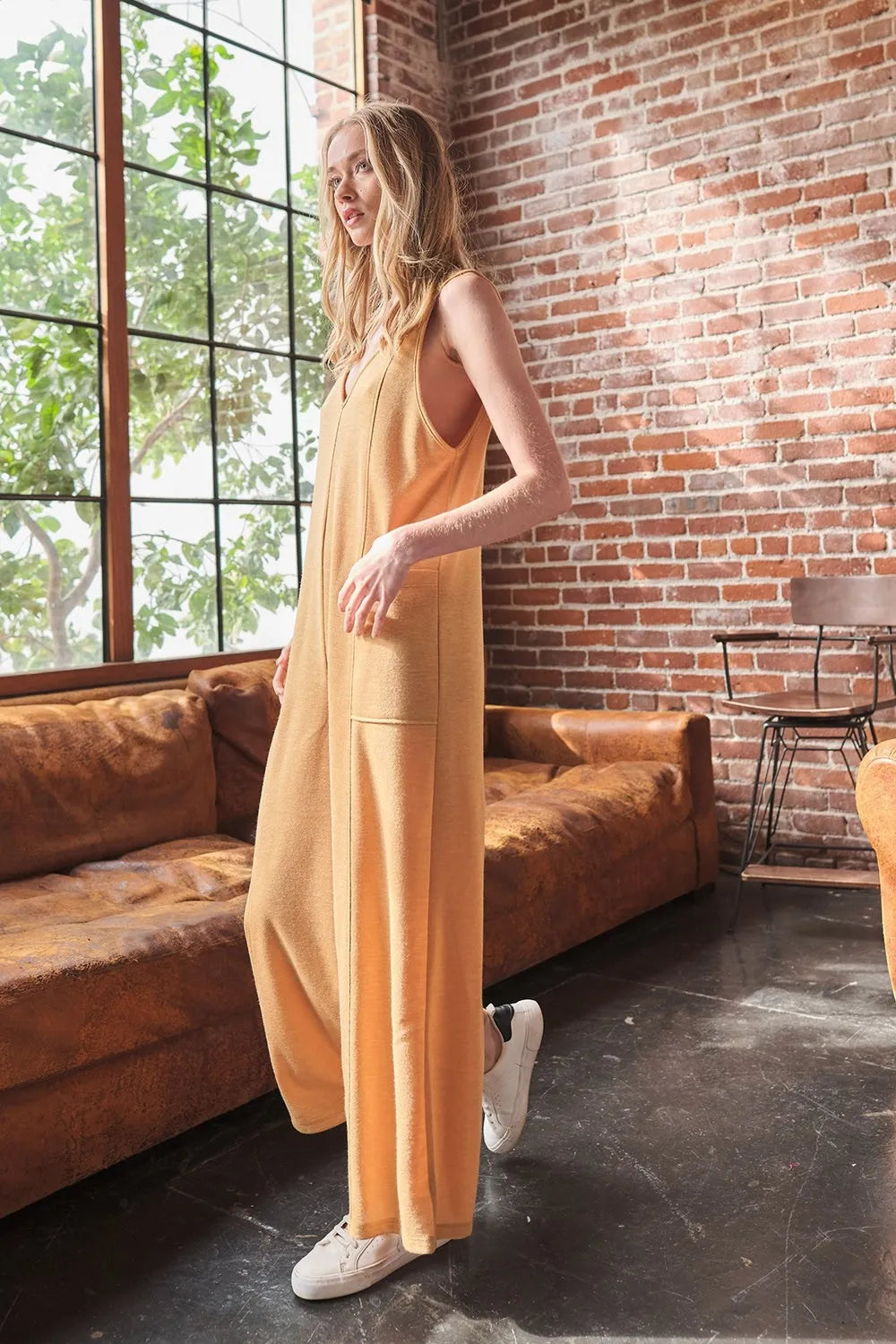 V-Neck Sleeveless Wide Leg Jumpsuit in Mustard for Women