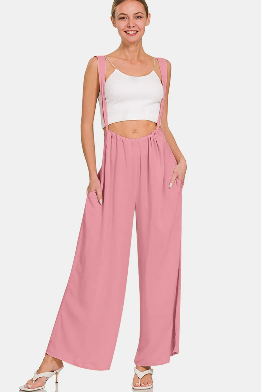 Pocketed Wide Strap Wide Leg Overalls in Light Rose for Women