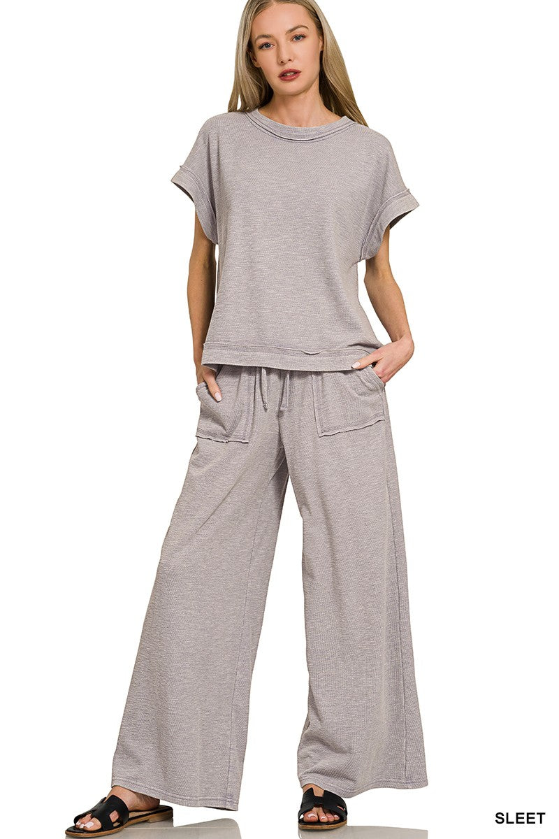 Washed Slub Short Sleeve Tee & Long Pants Set in Sleet for Women