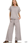 Washed Slub Short Sleeve Tee & Long Pants Set in Sleet for Women