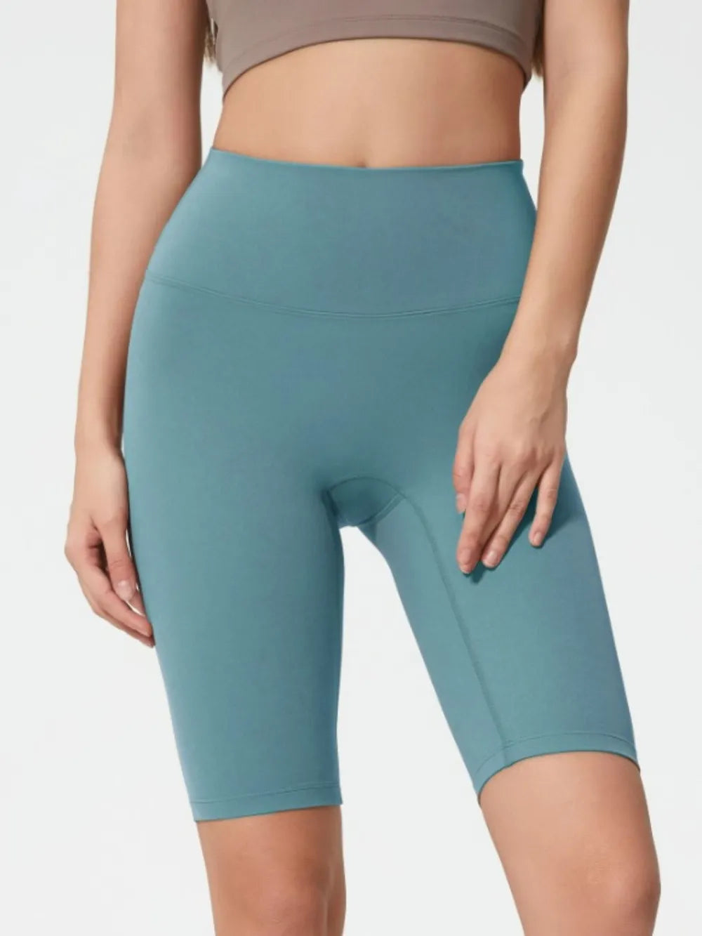 High Rise Wide Waistband Active Shorts in Dark Gray in Teal for Women