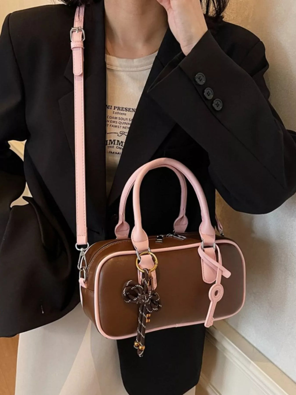 Barrel Crossbody Bag with Key Charm for Women