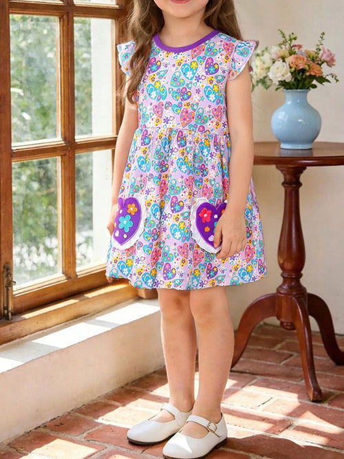 Butterfly & Heart Print Pocket Ruffle Sleeve Dress in Multicolor for Girls