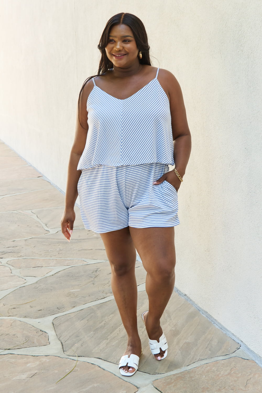 Let It Happen Plus Size Double Flare Striped Romper in Cobalt Blue in Stripe for Women