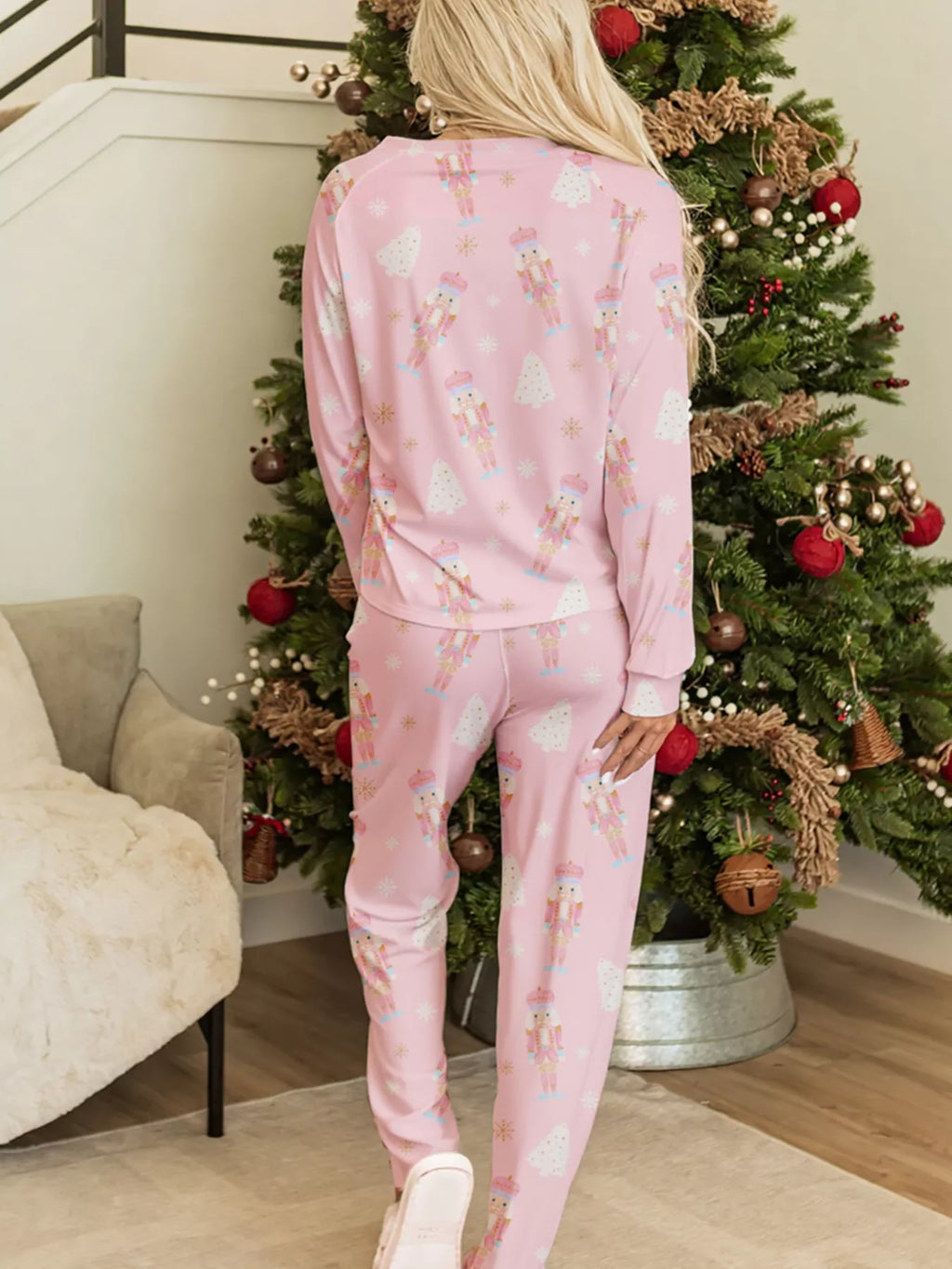 Christmas Tree Nutcracker Print Top and Pants 2pcs Lounge Set in Blush Pink for Women