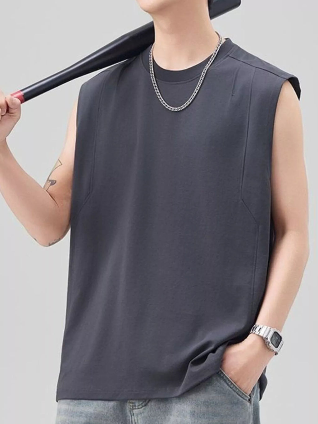 Plus Size Solid Color Casual Tank Top in Grey for Men