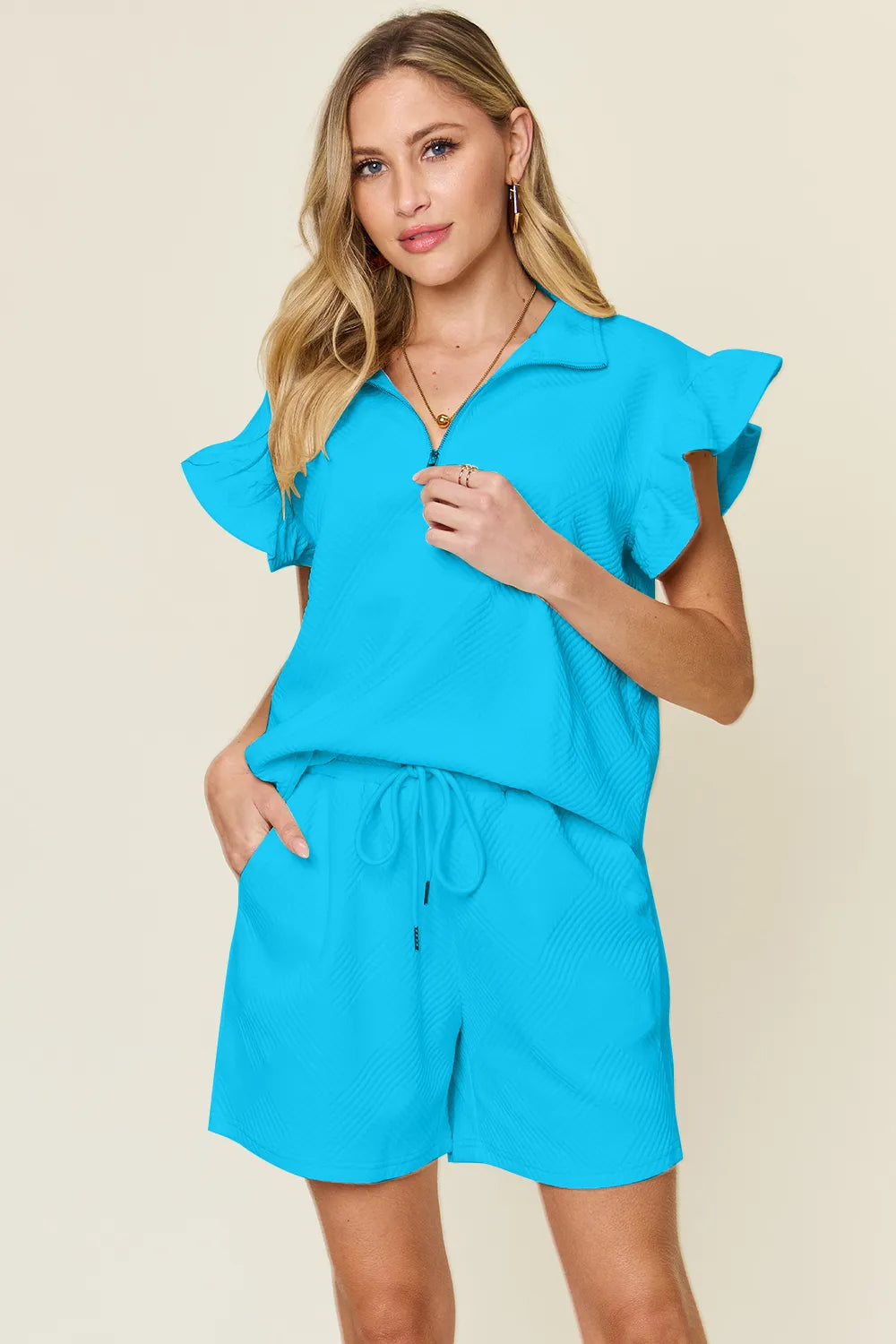Plus Size Texture Flounce Sleeve Top and Drawstring Shorts Set in Mid Green for Women