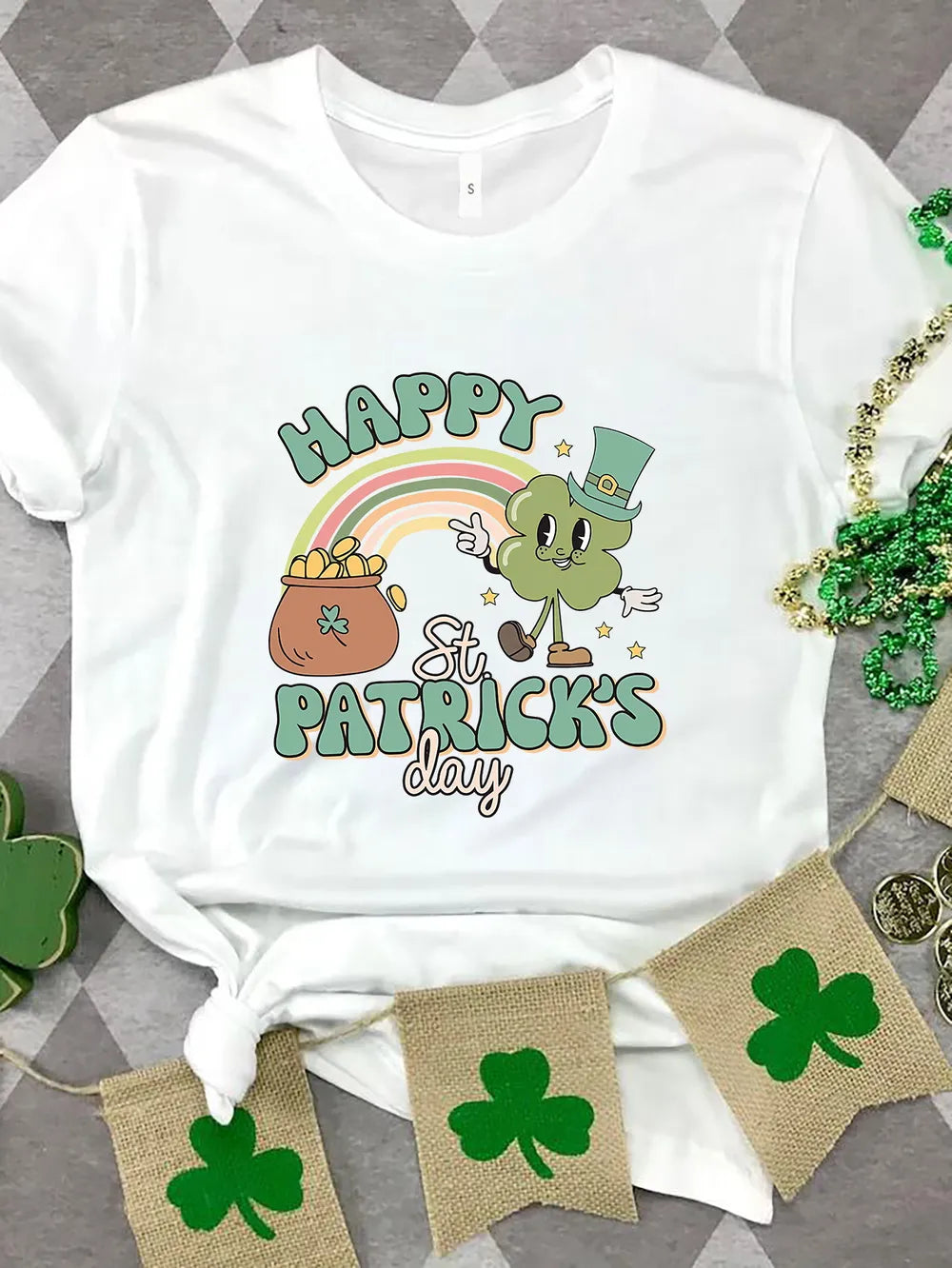 Happy St Patricks Day Round Neck T-Shirt in Light Yellow for Women