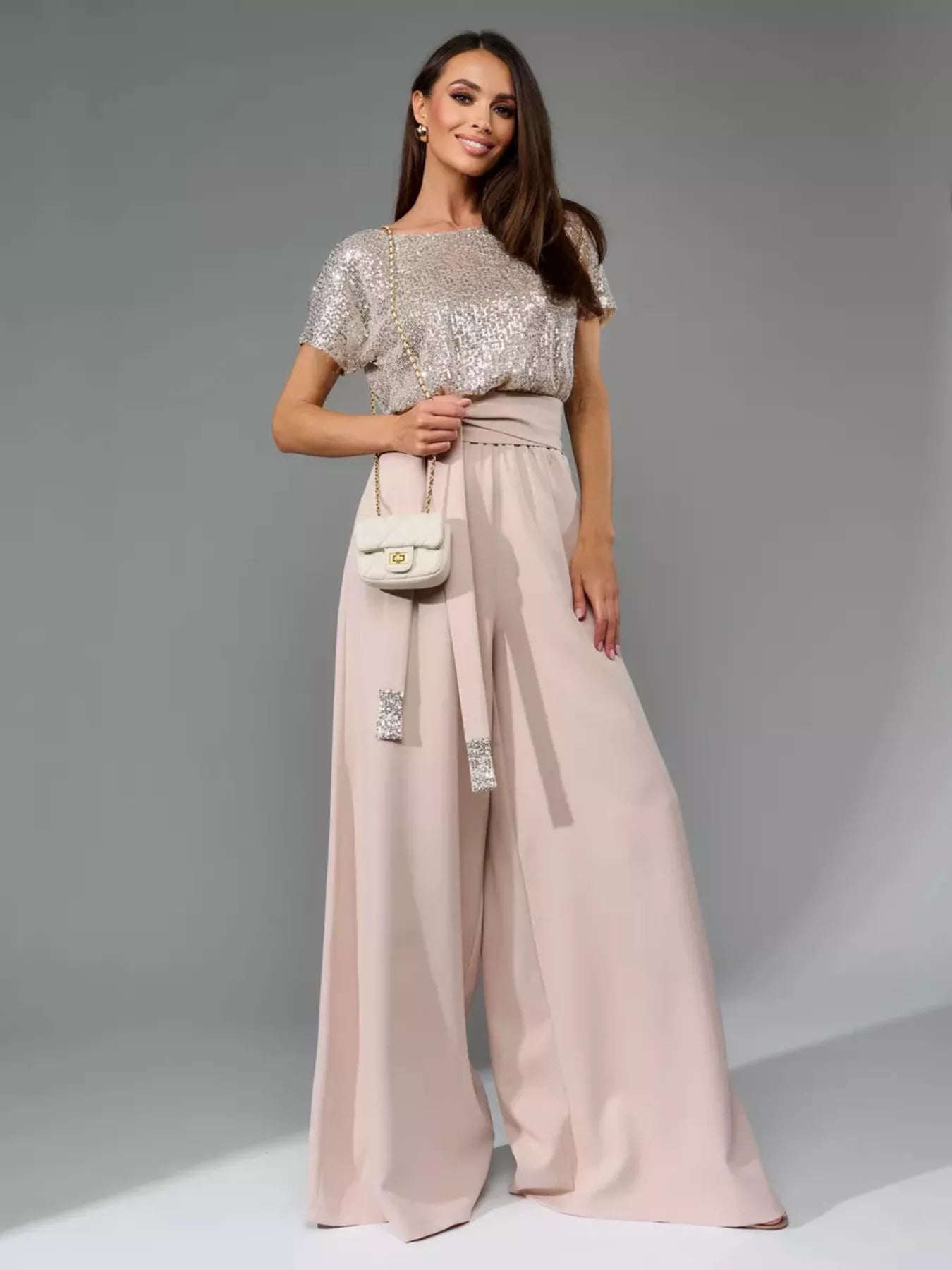 Plus Size Sequin Short Sleeve Wide Leg Jumpsuit in Apricot Silver for Women