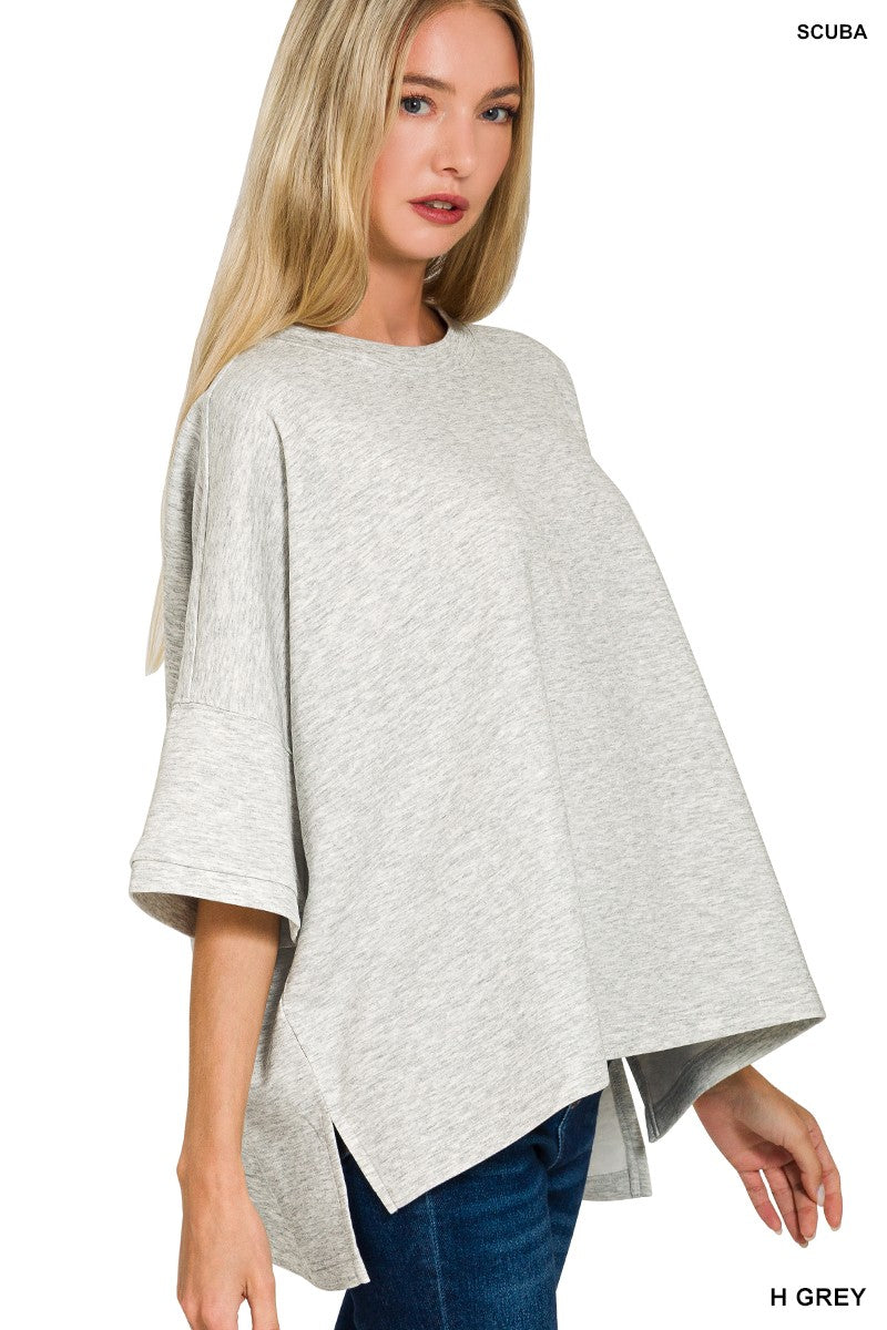 Scuba Round Neck Top with Side Slits in Heather Grey for Women