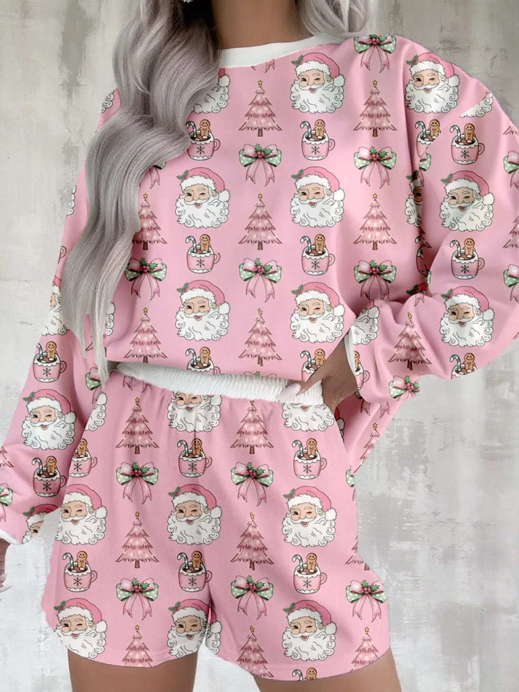 Christmas Santa Print Round Neck Top and Shorts Lounge Set in Dusty Pink for Women